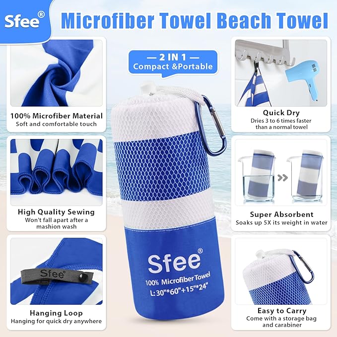 Sfee 4 Pack(8Pcs) Microfiber Travel Towel, Beach Towel Quick Dry Towel Camping Towel Super Absorbent Compact Lightweight Sports Towel Gym Towel for Beach, Gym, Hiking, Pool, Backpacking, Bath, Yoga