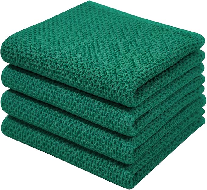 Homaxy 100% Cotton Waffle Weave Kitchen Dish Towels, Ultra Soft Absorbent Quick Drying Cleaning Towel, 13 x 28 Inches, 4-Pack, Dark Green
