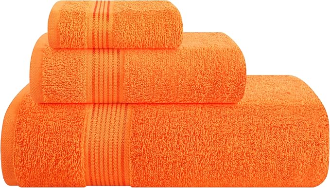 Belizzi Home Ultra Soft 3 Pack Cotton Towel Set, Contains a Bath Towel 28x55 inch, a Hand Towel 16x24 inch & a Wash Coth 12x12 inch, Ideal Everyday use, Compact & Lightweight - Orange