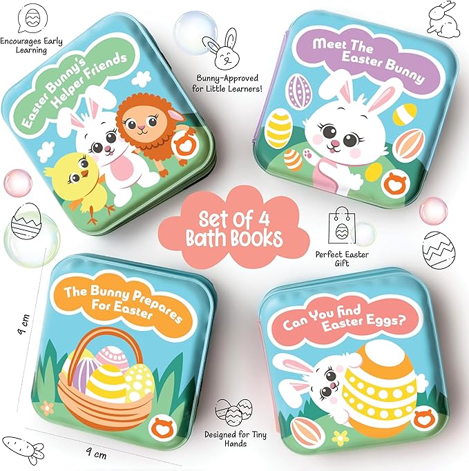 Easter Bath Book Set for Babies & Toddlers – 4 Colorful, Soft, and Waterproof Bath Books with Bunny & Animal Friends – Fun Bath Toys & Basket Stuffers – Perfect for Easter & Baby Showers