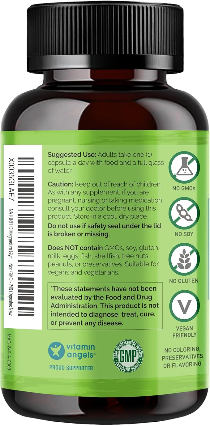 NATURELO Magnesium Glycinate Chelate Complex - 200 mg Magnesium with Organic Vegetables to Support Sleep, Calm, Muscle Cramp & Stress Relief - Gluten Free, Non GMO - 240 Capsules