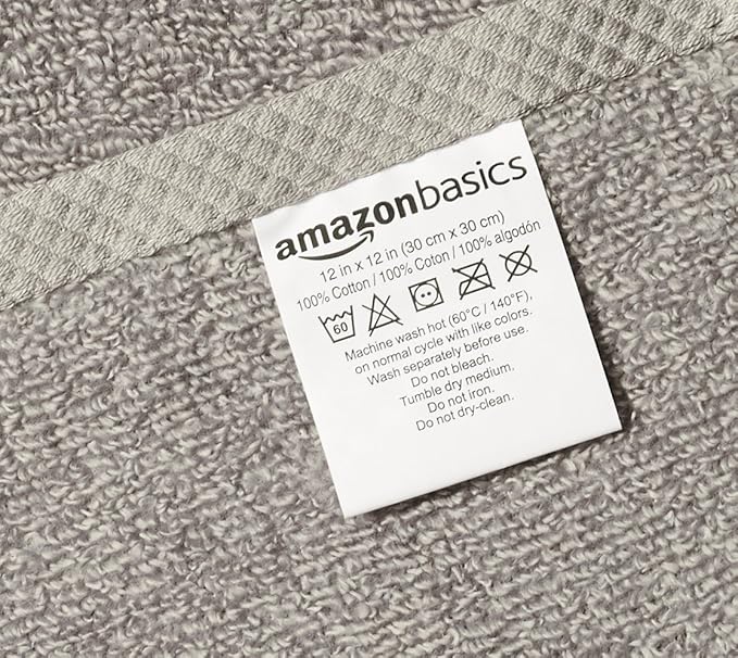 Amazon Basics Cotton Washcloths, Quick-Dry, 12" x 12", 12-Pack, Platinum