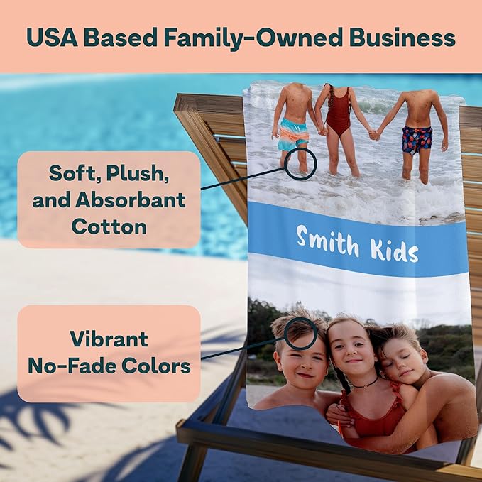 Winslow & Brody Ships Next Day - Personalized Beach Towel for Kids & Adults - Printed in USA - Custom Towels with Picture and Text - Quick Dry Pool Towels - Cotton/Poly Blend - 30" x 60" - 2 Photos