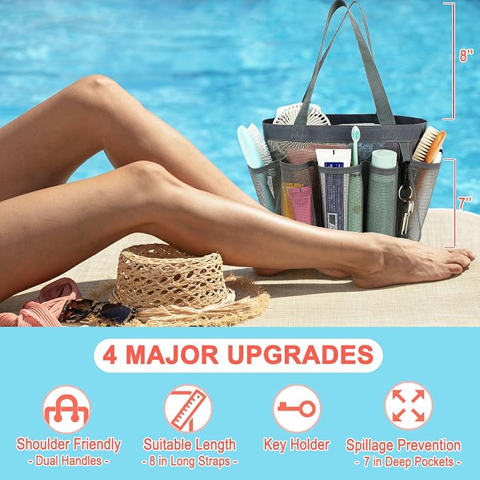 Mesh Shower Caddy Portable for College Dorm Room Essentials, 8-Pocket Large Shower Basket Tote Bag with 2 Handles for Toiletry, Bathroom, Beach, Camp, Gym