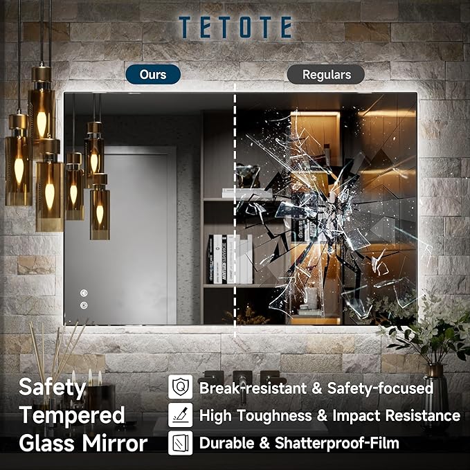 TETOTE 60 x 28 Inch LED Backlit Mirror with Light Bathroom Vanity Lighted Mirror,Anti-Fog,Dimmalbe,CRI90+,Waterproof,Wall Mounted