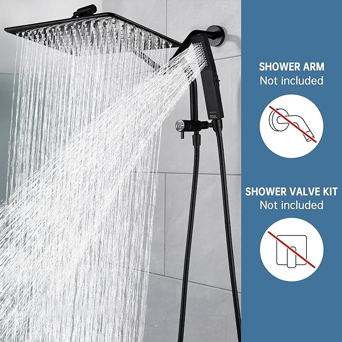 G-Promise All Metal 14 Inches Rain Shower Head with Handheld Built-in Power Wash Mode, 3-way Shower Diverter with Pause Setting, 11 Inches Adjustable Extension Arm, Long Hose (Matte Black, 14 Inches)