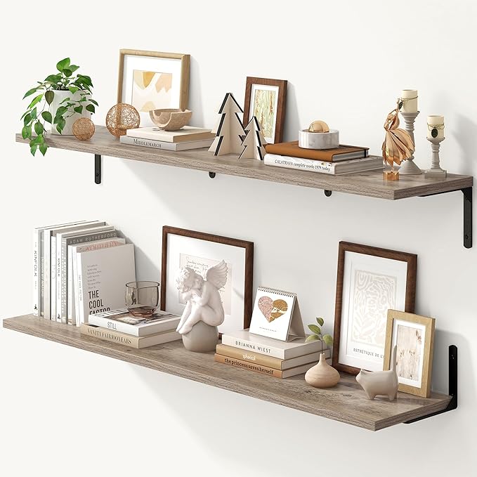Fun Memories Deep Floating Shelves, 48W x 8D Floating Shelves Set of 2, Wall Mounted Shelf with Metal Brackets, Rustic Wood Wall Shelf for Bathroom, Kitchen and Living Room, Grey