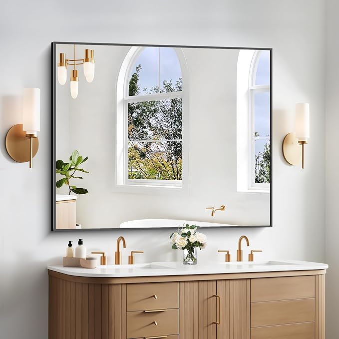 BONEWEI Bathroom Mirror,40x48 inch Bathroom Mirrors for Over Sink,Large Wall Mirror for Bathroom Wall Mounted Rectangle Mirrors,Black Vanity Mirror for Living Room,Bedroom Entryway,Horizontal/Vertical
