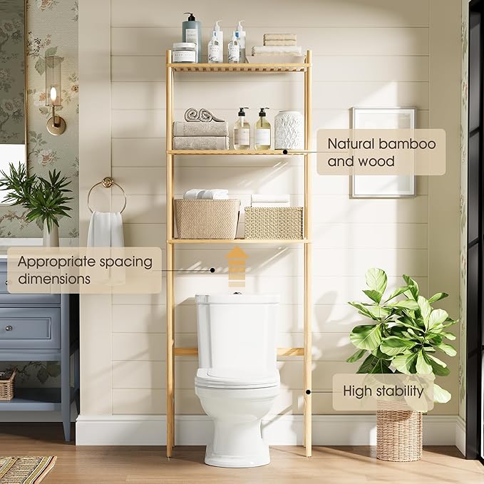 3 Tier Over The Toilet Organizer Rack Bamboo, Freestanding Bathroom Toilet Storage Shelf, Space Saving and Easy to Install, Adjustable Feet, Adjustable Bottom Rod