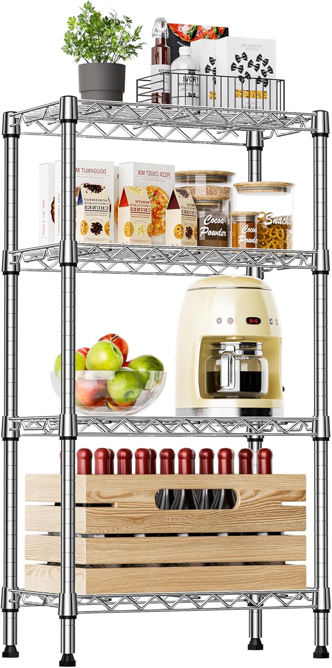 IZEUK 4 Tier Steel Storage Shelves, Heavy Duty Metal Shelf Wire Shelving Rack for Pantry, Kitchen, Living Room, or Office Organization (11.8" D x 21.7" W x 39.5" H, 1000LBS, Chrome)