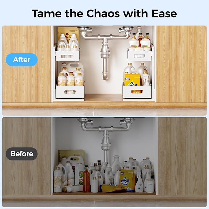 Under Sink Organizer 2 Tier, Adjustable Height Under Sink Organizers and Storage, Smooth & Silent Sliding Out Metal Drawer for Kitchen Bathroom Pantry Cabinet Closet (White, 1 Pack)