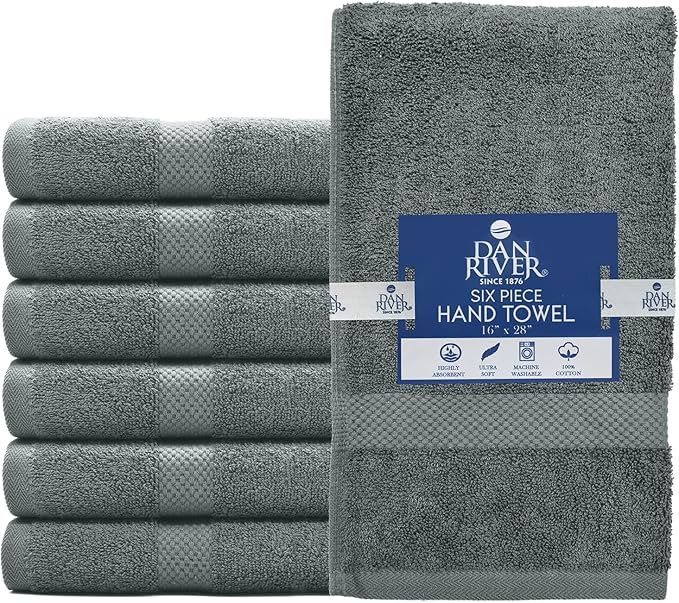 DAN RIVER 6-Pack Premium Hand Towels (16x28 Inches) - 100% Cotton, Ultra Soft, Lightweight, Highly Absorbent Towels for Bathroom, Spa, Gym, Salon, Hotel, and Travel - 550 GSM – Gray