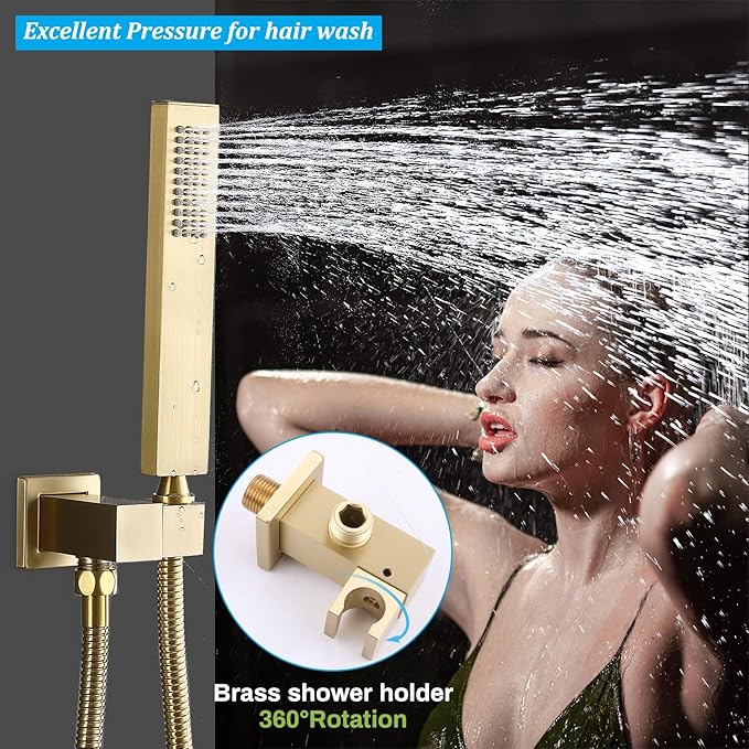 Enga Brushed Gold Shower Jets System, 16 Inch LED Rainfall Shower Faucet Set Body Spray with On-off Switch, Thermostatic Shower System Work At the Same Time