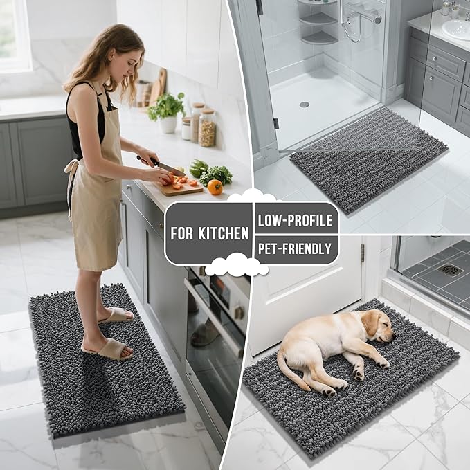 Yimobra Bathroom Rugs Non Slip Washable - Ultra Soft Absorbent Chenille Bath Mat, Quick Dry Shaggy Floor Carpet for Tub Shower, Dark Gray Home Decor Accessories, 24x17 Inch