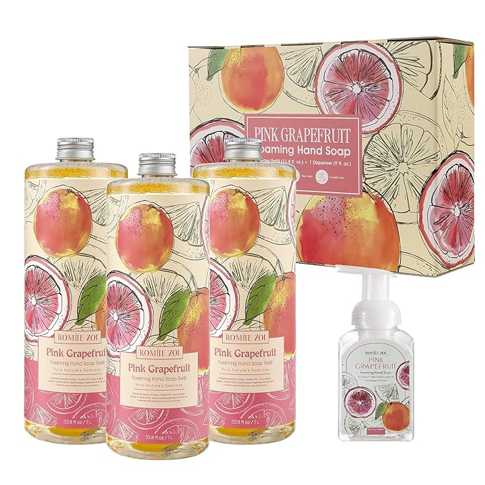 ROMIIE ZOI Foaming Hand Soap Refill Gift Set – 3 Pack *33.8 Fl Oz with Dispenser, Pink Grapefruit Scent–Moisturizing, Biodegradable & Chemical-Free Formula for Bathroom, Kitchen, Sensitive Skin