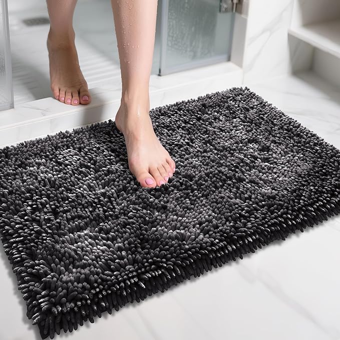 Yimobra Chenille Bathroom Rugs Non Slip, Extra Thick Soft Absorbent Bath Rug 31.5x20 Inch, Machine Washable Quick Dry Bath Mat for Bathroom Floor, Tub and Shower, Home Decor Accessories, Dark Grey
