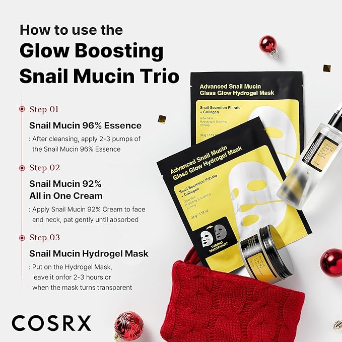 COSRX Snail Mucin Limited Holiday Gift Set with Snail Mucin Repairing Serum, Moisturizer & Collagen Face Mask, Korean Skin Care Set, Stocking stuffers, Gifts for Women, Amazon Exclusive