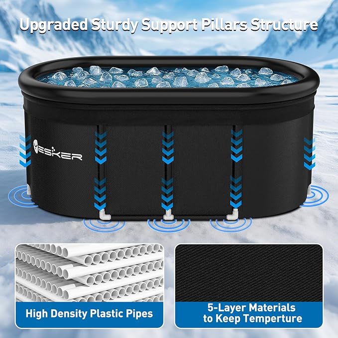 Yesker 110 Gal Oval Ice Bath Tub with Air Ring, Portable Multi-Layered Cold Plunge Tub with Lid for Athletes, Foldable and Inflatable, One Person Hot Bathtub at Gym, Yard, Home, Outdoors Use