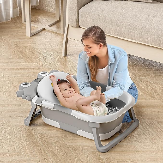 Collapsible Baby Bathtub for Newborns to Toddler with Real-time Temp Monitor & Floating Cushion,Portable Travel Tub for 0-36 Month, Foldable Baby Bath Tub for Infants Boy (Grey)