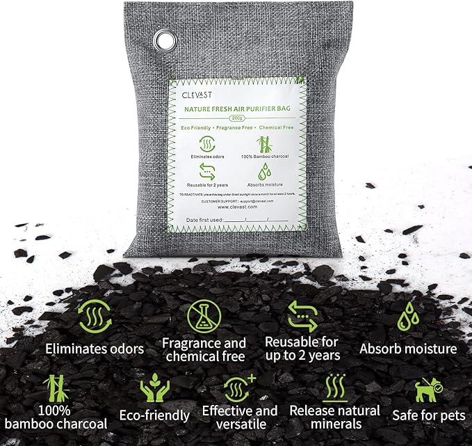 CLEVAST Bamboo Charcoal Air Purifying Bags (Large, 4×200g), Removes Odors and Moisture, Nature Fresh Air Purifier Bags, Odor Eliminator for Home, Car, Pets, Bathroom, Basement