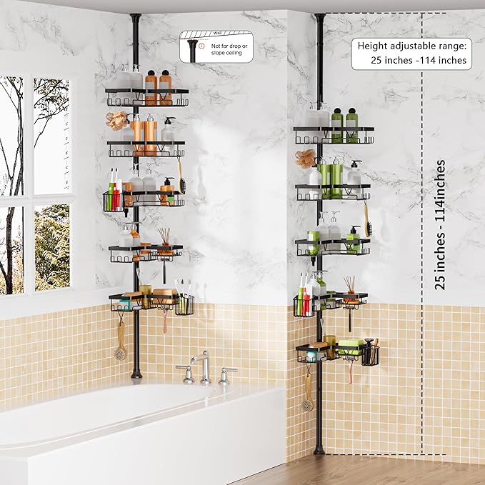 Adjustable Tension Pole Shower Caddy, 5-Tier Stainless Steel Shower Shelf Organizer with 2 Movable Toothbrush Holders, 25-115 Inches Extendable Bath Tub Conner Storage Shelf for Family, Black