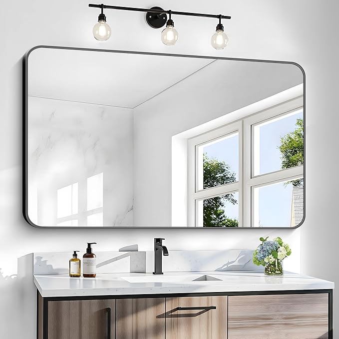 BONEWEI 30x48 inch Bathroom Mirror,Black Rectangle Mirror,Wall Mounted Bathroom Frame Vanity Mirror with Round Corner for Bedroom Living Room, Entryway Hangs Horizontal or Vertical