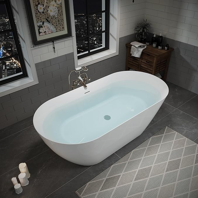ABRUZZO 63" Acrylic Freestanding Bathtub - Oval Deep Soak Tub, Center Drain & Overflow, cUPC Certified Glossy White
