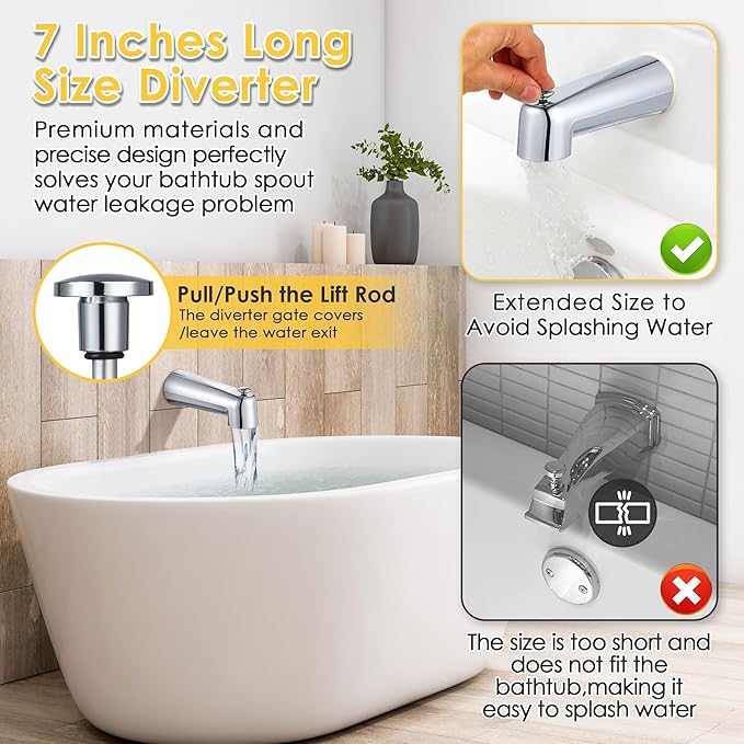 Enhon 7 Inch Slip on Tub Spout with Diverter, Compatible with Moen 3839/Moen 3853, Bathtub Diverter Spout Fits 1/2" Copper Water Tube(5/8" Diameter), 5/32" Hex Wrench (Polished Chrome,Classic)
