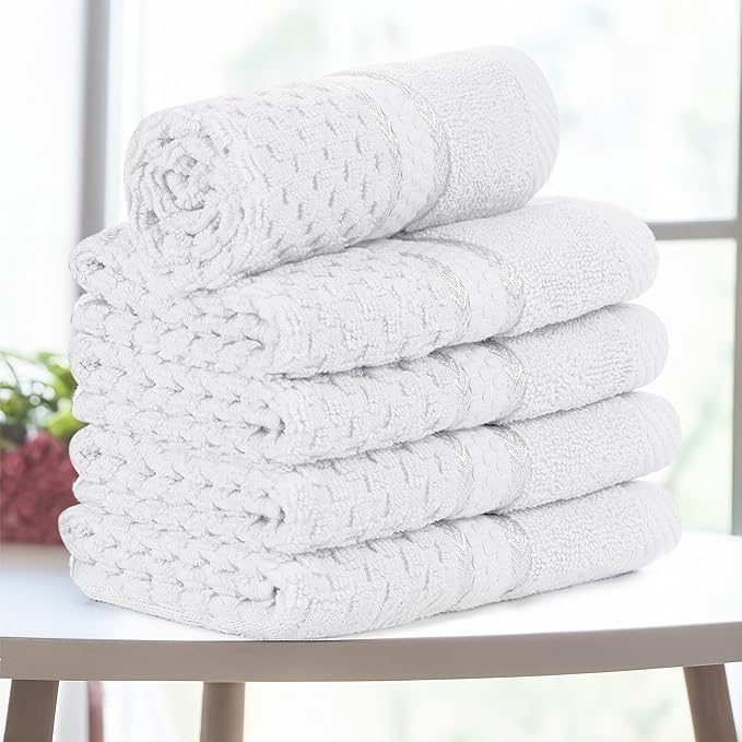 Ample Decor Christmas White Wash Cloth Set of 5 100% Cotton - Popcorn Textured - Mulaayam Collection - 12 X 12 Inch
