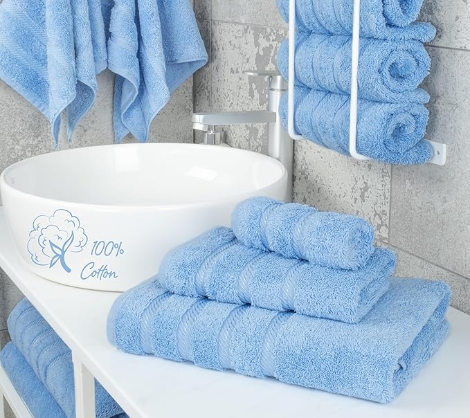 American Soft Linen Premium 3 Piece Towel Set, 1 Bath Towel 1 Hand Towel 1 Washcloth, 600 GSM 100% Cotton Turkish Towels for Bathroom, Sky Blue Towel Set