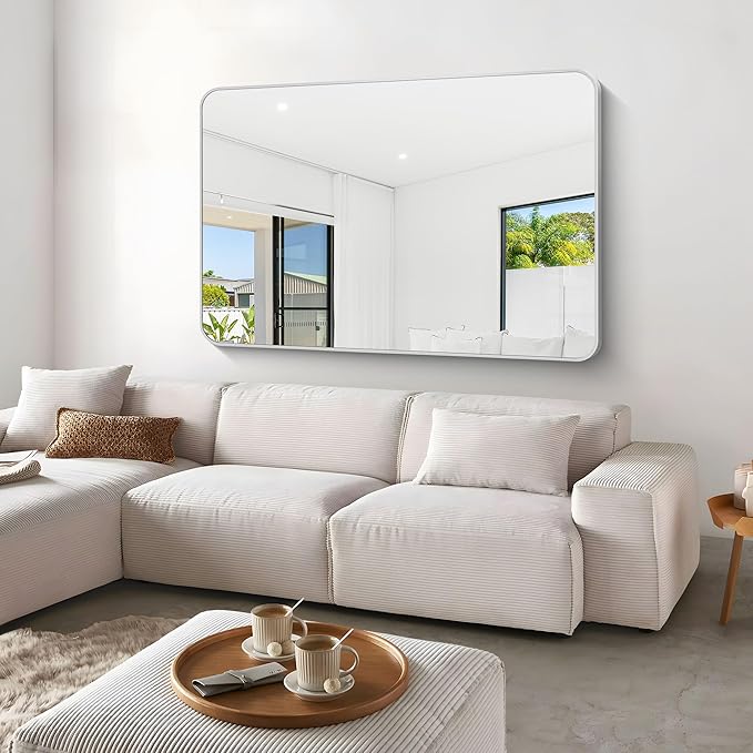 BONEWEI Silver Bathroom Mirror,60x40 inch Wall Mirror for Bathroom Wall Mounted,Rectangle Mirror for Bathroom Over Sink,Modern Frame Round Corner for Living Room,Bedroom Entryway,Horizontal/Vertical