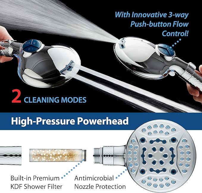 AquaCare 4X High Pressure 10-mode Filter Handheld Shower Head with Dual Power Wash - Clean Tub, Tile & Pets, Remove Chlorine, Metals & Toxins from Water to Protect Skin, Hair & Nails. Chrome Finish