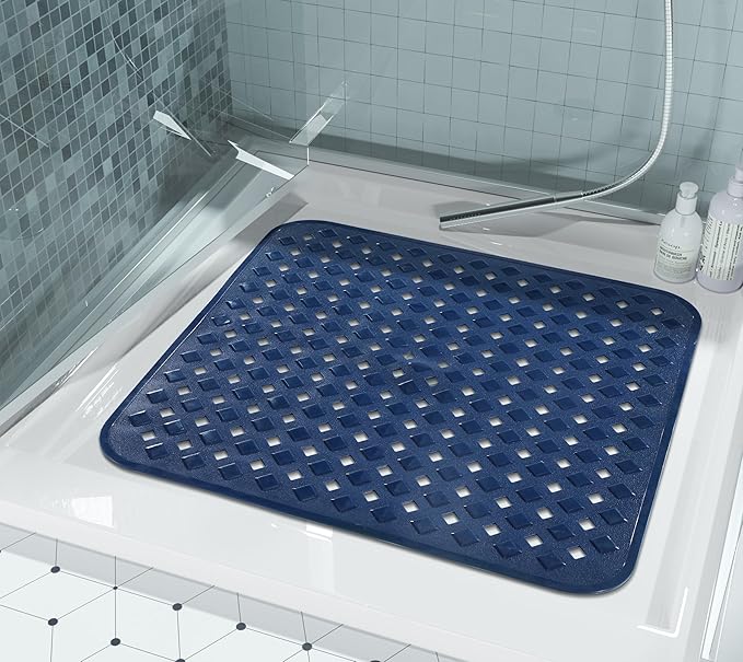 Yimobra Square Shower Mat Non Slip, Super Strong Suction Cups, 21"x21" Bath Tub Mat with Drain Holes, Machine Washable Fast Draining Bath Mats, Bathroom Essentials,Navy Blue