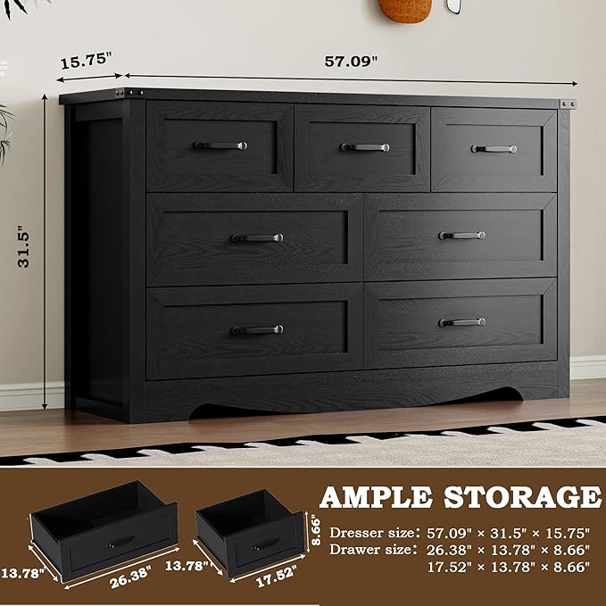 7-Drawer Dresser for Bedroom, Modern Wooden Chest of Drawers with Metal Handles, Anti-Tipping Design, Sturdy and Stable Storage Organizer for Living Room, Entryway, Home Office