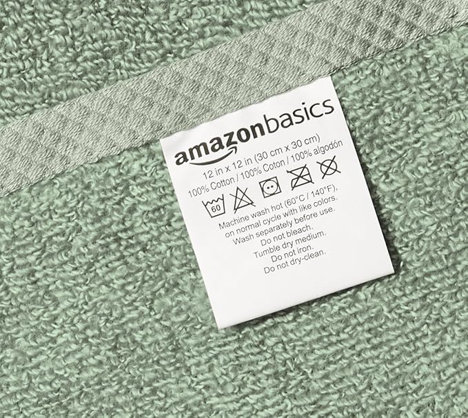 Amazon Basics Cotton Washcloths, Quick-Dry, 12" x 12", 12-Pack, Seafoam Green