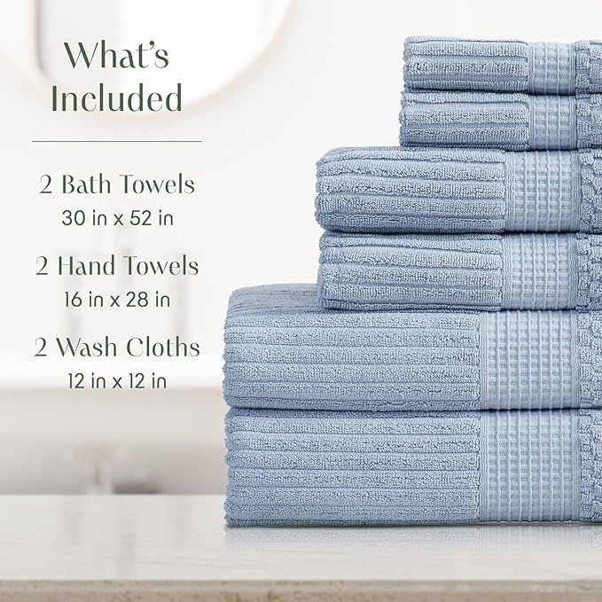 Springtree Home 100% Cotton Bath Towel Set | 6 Piece Set | Absorbent & Quick-Dry Bath Towels | Textured and Durable Cotton | Krista Collection - Dusty Blue