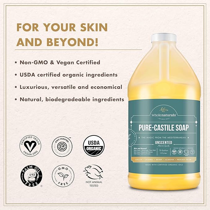 WHOLENATURALS Pure Castile Soap Liquid, EWG Verified & Certified Palm Oil Free Unscented, Natural, Mild & Gentle Non-gmo & Vegan - Organic Body Wash, Laundry, Pet/Dog and Baby Soap -Pack of 2 w/pump