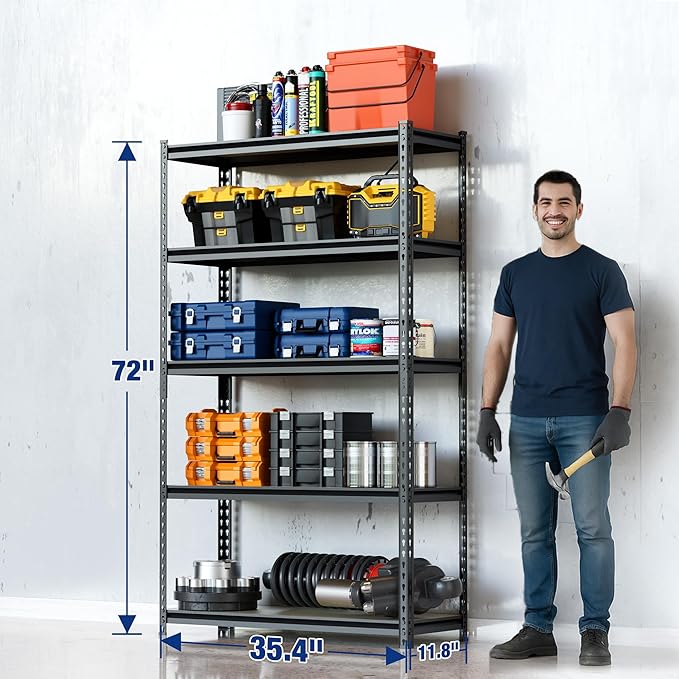 WORKPRO 5-Tier Storage Shelf, 72" H Heavy Duty Adjustable Garage Shelving Unit 2180LBS Capacity, for Basement, Kitchen, Pantry, 35.4”Wx11.8”Dx72”H, Black
