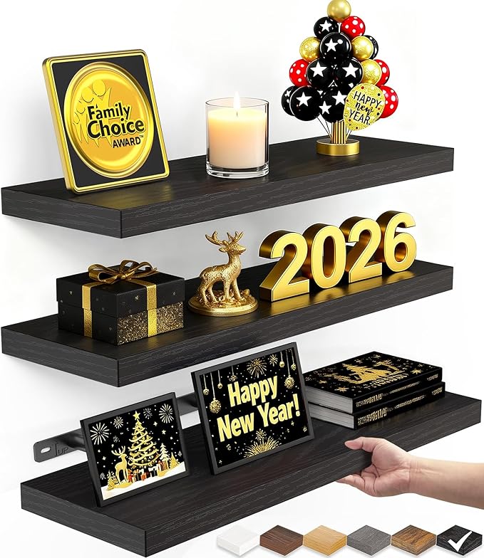 BAYKA Floating Shelves for Wall, Wall Mounted Rustic Wood Shelves for Bathroom, Bedroom, Living Room, Kitchen, Hanging Shelf for Books/Storage/Room Decor with 22lbs Capacity (Black, Set of 3, 15.7in)