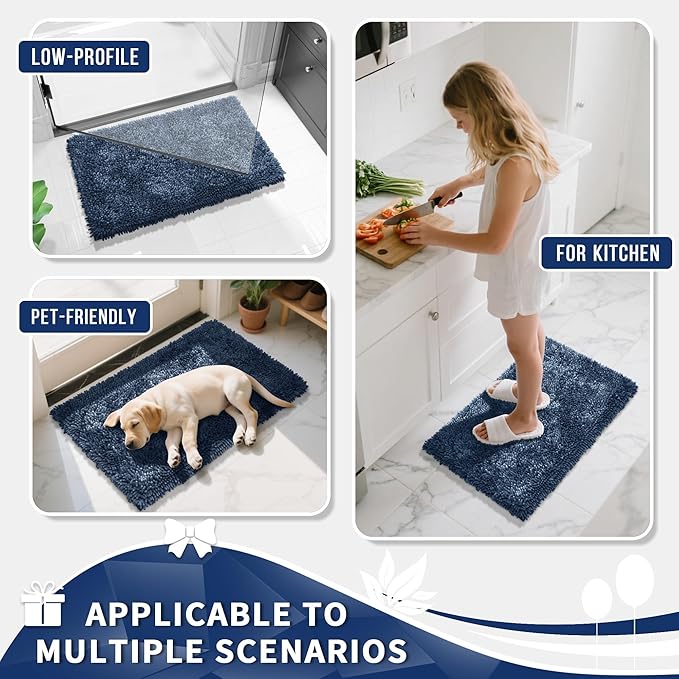 Yimobra Long Bathroom Rug Non Slip 44x24 Inch, Extra Thick Soft Absorbent Chenille Bath Mat, Machine Washable Bath Rugs for Bathroom Floor, Tub and Shower, Home Decor Accessories, Light Blue