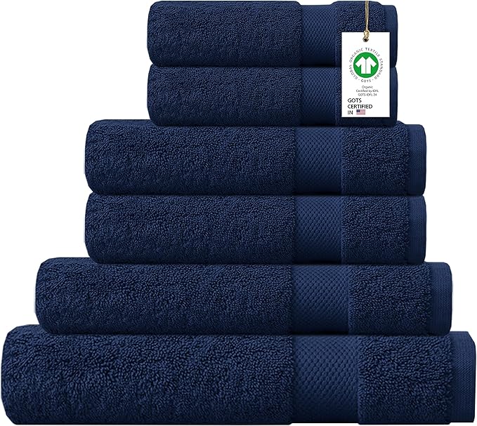Delara 100% Organic Cotton Towels 650 GSM Plush Feather Touch Quick Dry Towel, 6-Piece Towel Set GOTS Certified, Oeko-Tex Green Certified, 1 Bath Towel, 1 Bath Sheet, 2 Hand Towels & 2 Wash Cloths