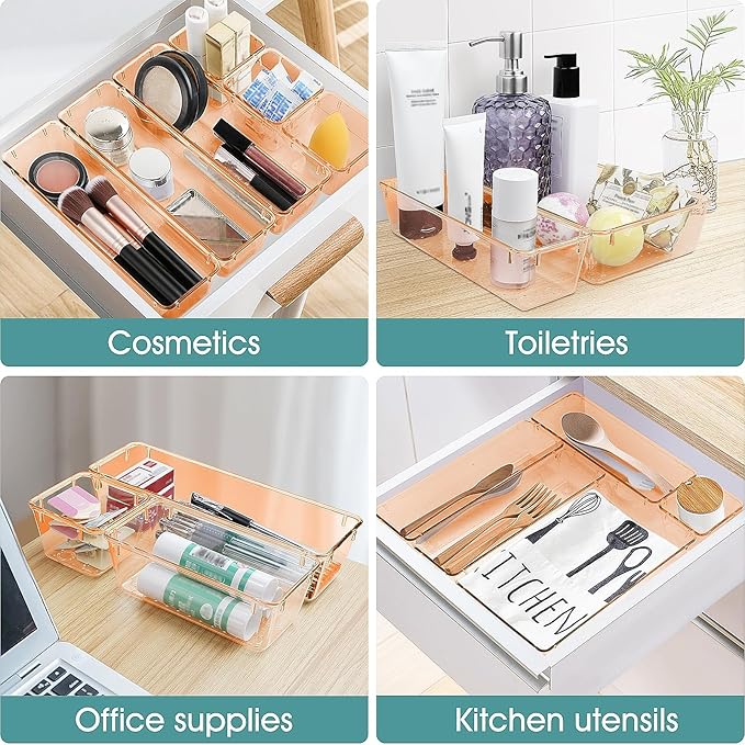 WOWBOX 25 PCS Plastic Drawer Organizer Set, 4 Sizes Desk Drawer Divider Organizers and Storage Bins for Makeup, Jewelry, Gadgets for Kitchen, Bedroom, Bathroom, Office, Clear Orange
