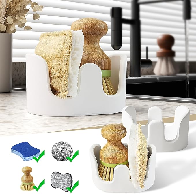 2 Pack Double Sponge Holder, Diatomite Stone Absorbent Sponge Stand for Kitchen Sink - Quick Dry Organizer for Kitchen Countertop, White