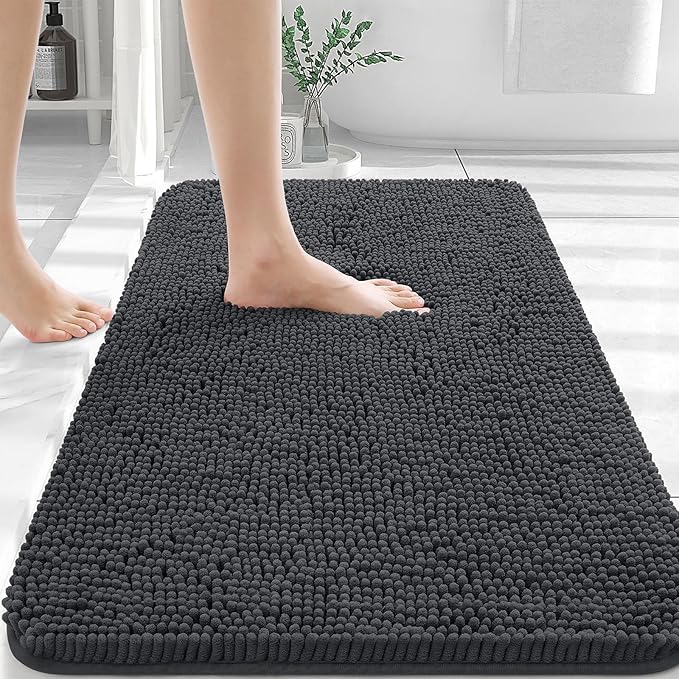 OLANLY Bathroom Rugs 30x20, Extra Soft Absorbent Chenille Bath Rugs, Rubber Backing Quick Dry, Machine Washable Bath Mats for Bathroom Floor, Tub and Shower, Home Decor Accessories, Dark Grey