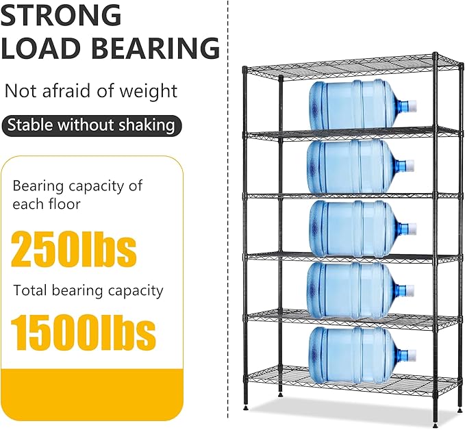 BestOffice | 6-Tier Wire Storage Shelves | 42x16x72 | Black | with Adjustable Racks | Heavy-Duty Metal Shelf, Holds Upto 1500 lbs | No-Tool Assembly | Ideal for Home & Garage Shelving