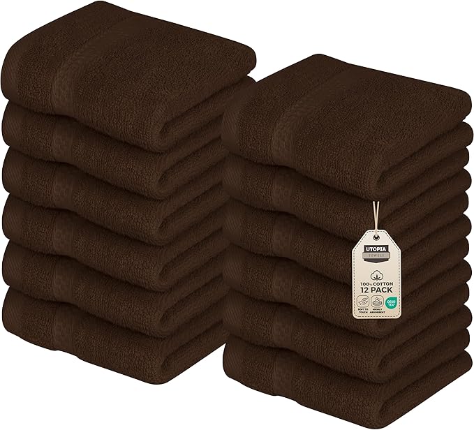 Utopia Towels 12 Pack Premium Wash Cloths Set, 12 by 12 Inches, 100% Cotton Ring Spun, Highly Absorbent and Soft Feel Essential Washcloths for Bathroom, Spa, Gym, and Face, Dark Brown