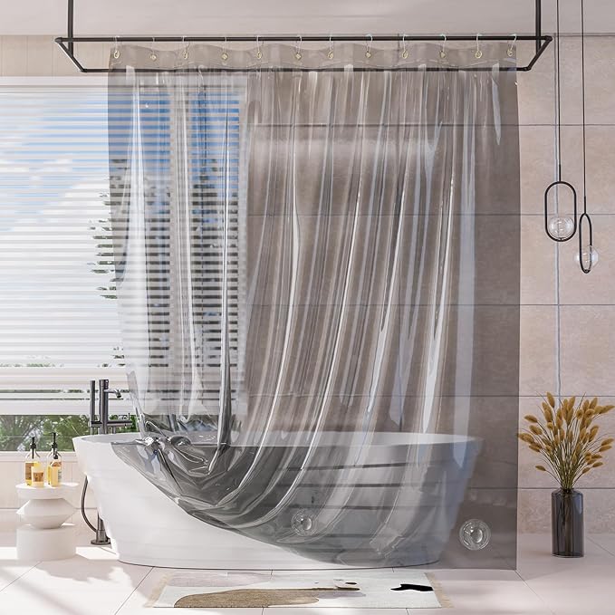 AmazerBath Shower Curtain Liner, 100% EVA Luxury Soft Clear Grey Heavy Duty Shower Curtain and Liner 2-in-1, 72x72 Plastic Weighted Bathroom Shower Curtain, 12 Rustproof Grommets & Heavyweight Stones