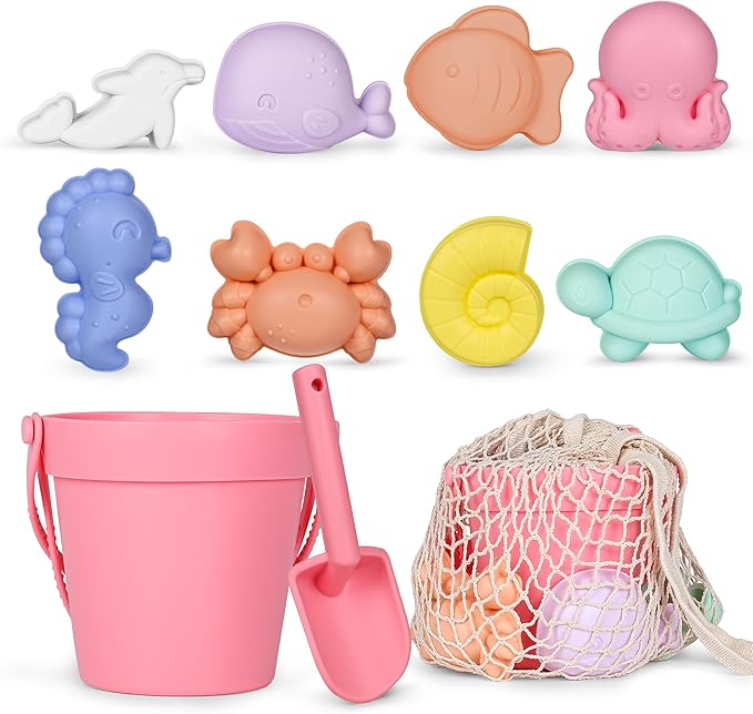 MarcZero 11Pcs Silicone Beach Toys,Modern Baby Beach Toys,Travel Friendly Beach Set,Eco Friendly Toy,Silicone Bucket, Shovel, 8 Sand Molds, Beach Bag,Silicone Sand Toys for Toddlers, Kids (Peach Pink)