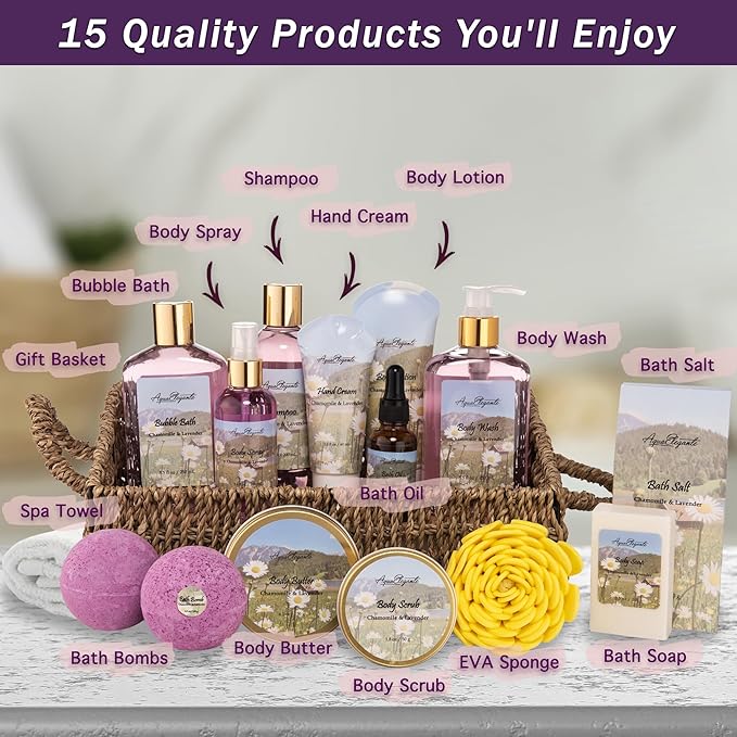 Bath Spa Gift Sets - Luxury Basket With Lavender & Chamomile - Spa Kit Includes Wash, Bubble Bath, Lotion, Bath Salts, Body Scrub, Body Spray, Shower Puff, Bathbombs, Soap and Towel