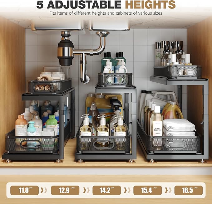 2-Pack 21.3 IN Depth Under Sink Organizer With Next-Gen Ball-Bearing Slides,Sophisticated Mesh 2-Tier Pull Out Shelf for Kitchen & Bathroom,Fits Small Items-Black